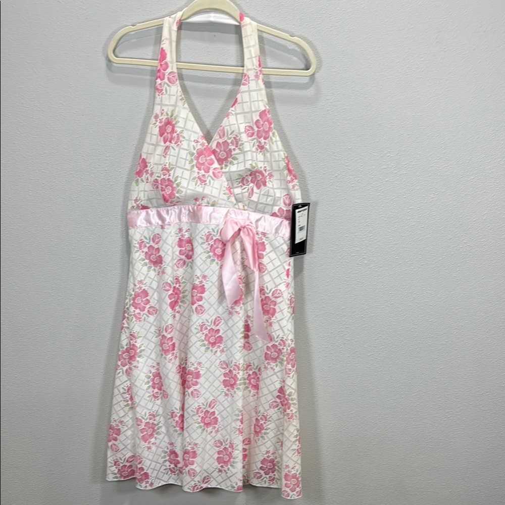J.T.B. Y2K babydoll halter dress White and Pink Tie Front‎  Midi Dress mervyns